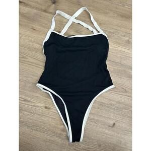 L*Space Ribbed Baewatch One Piece Swimsuit Black-White Trim Medium NWT